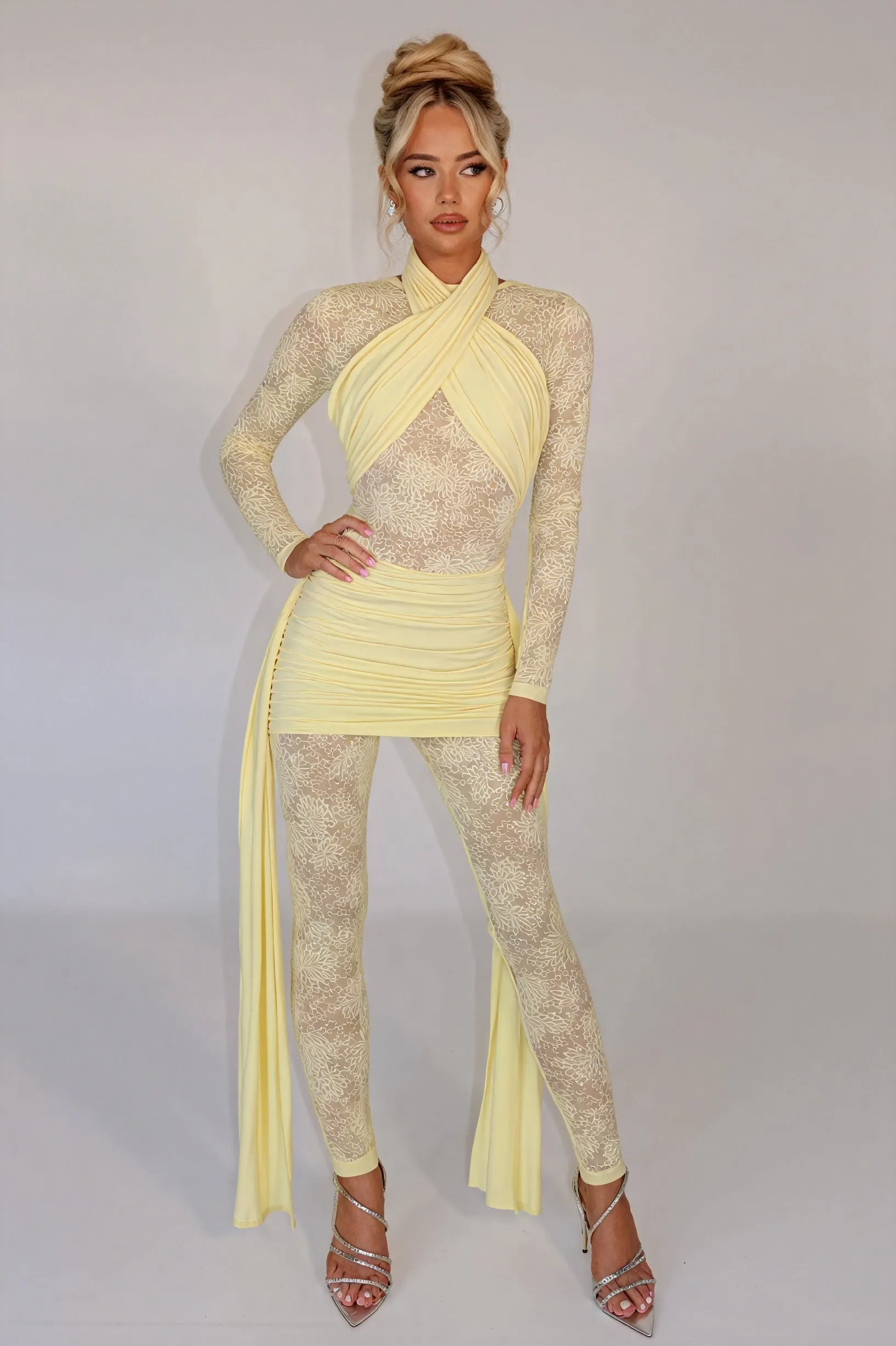Sheer Lace Bodice Dress with Flowing Panels