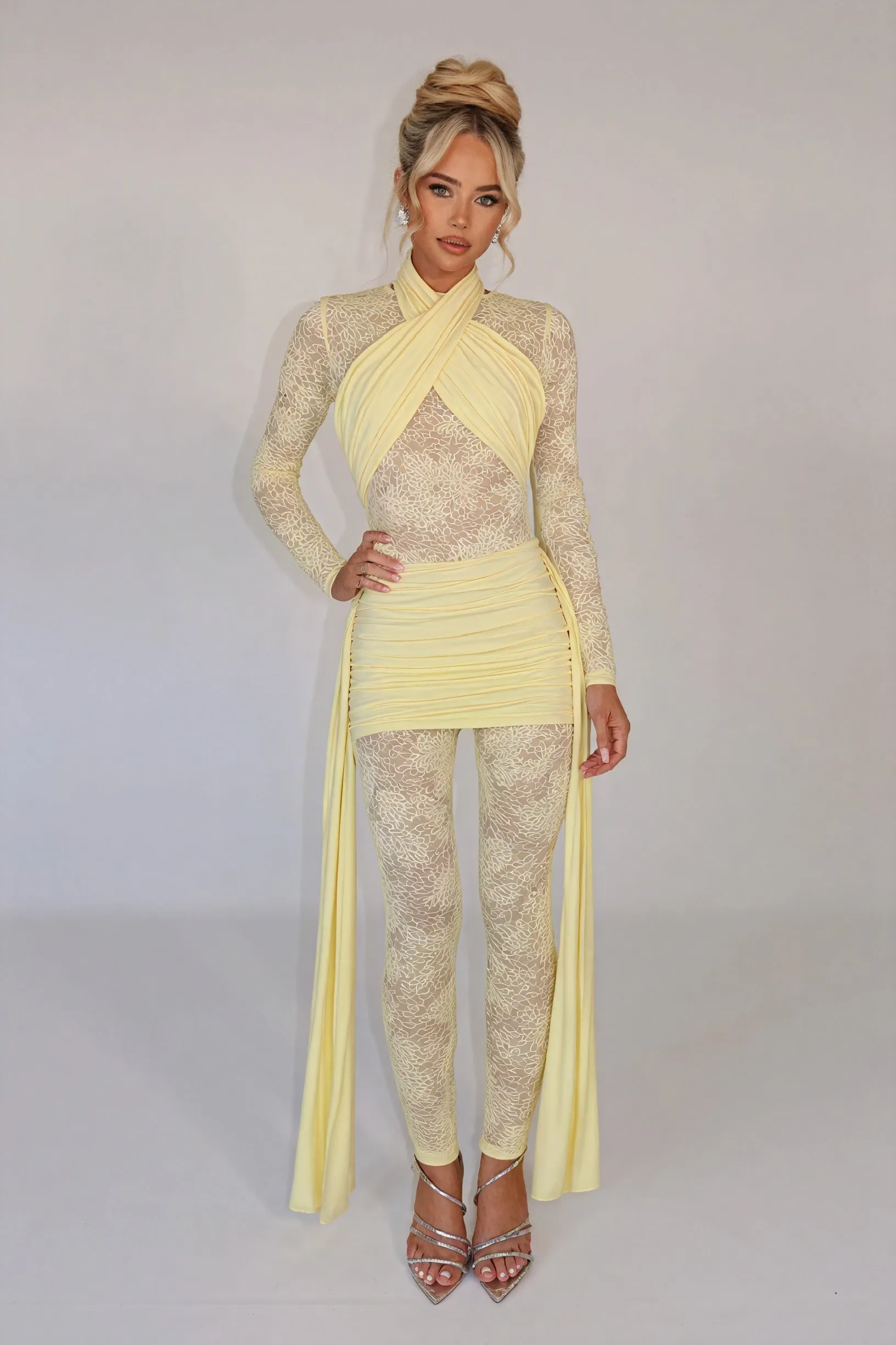 Sheer Lace Bodice Dress with Flowing Panels