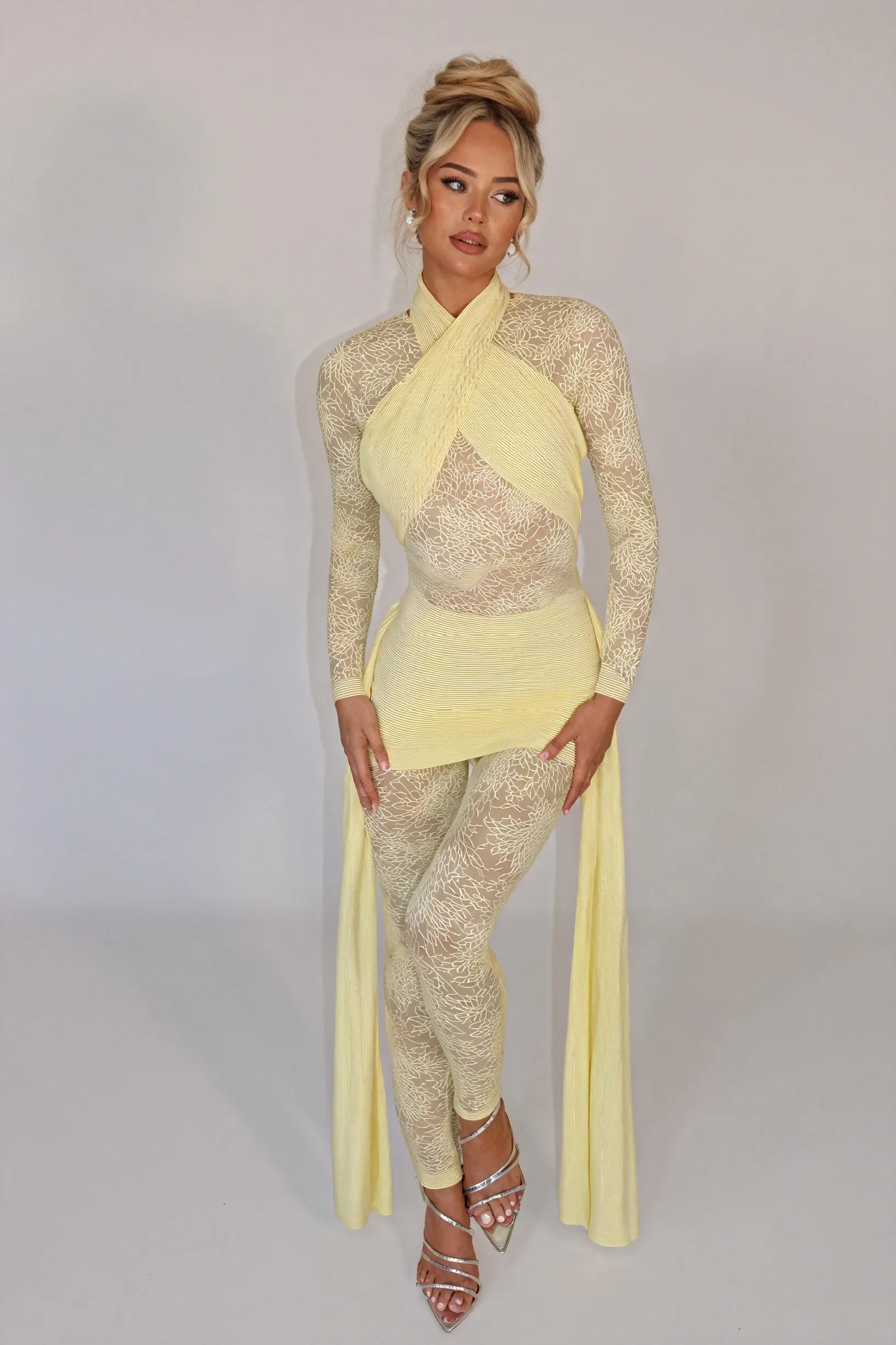 Sheer Lace Bodice Dress with Flowing Panels