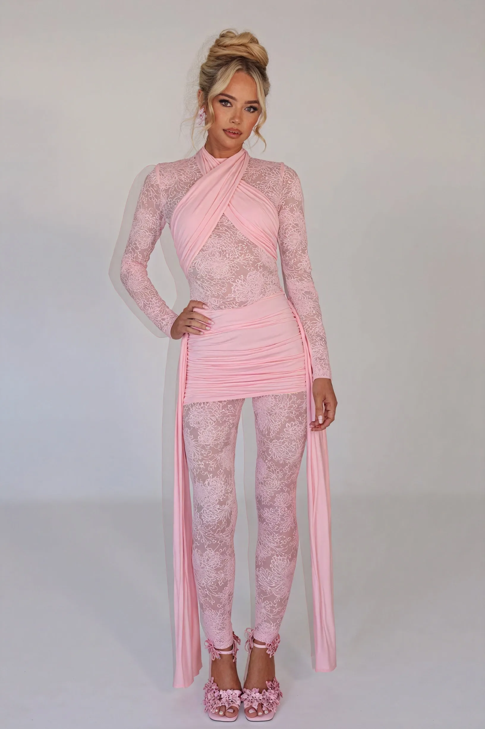 Sheer Lace Bodice Dress with Flowing Panels