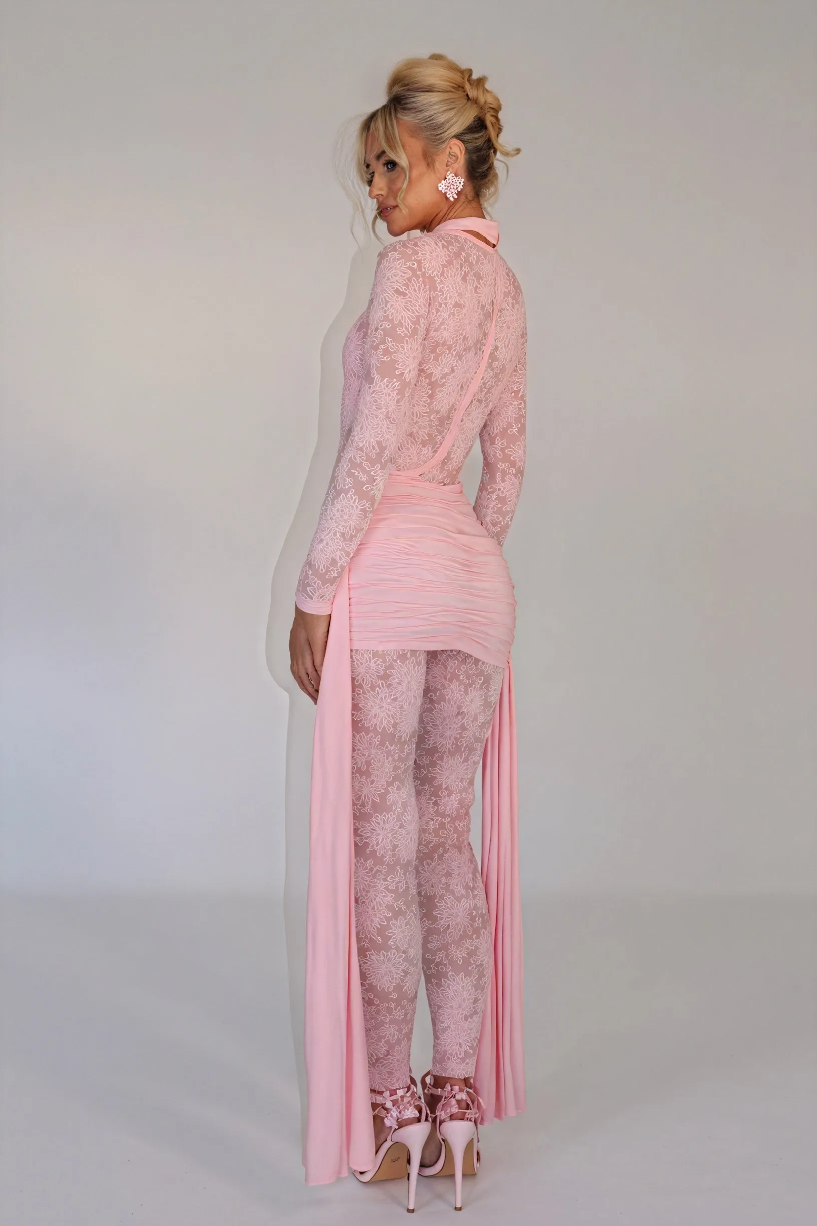 Sheer Lace Bodice Dress with Flowing Panels