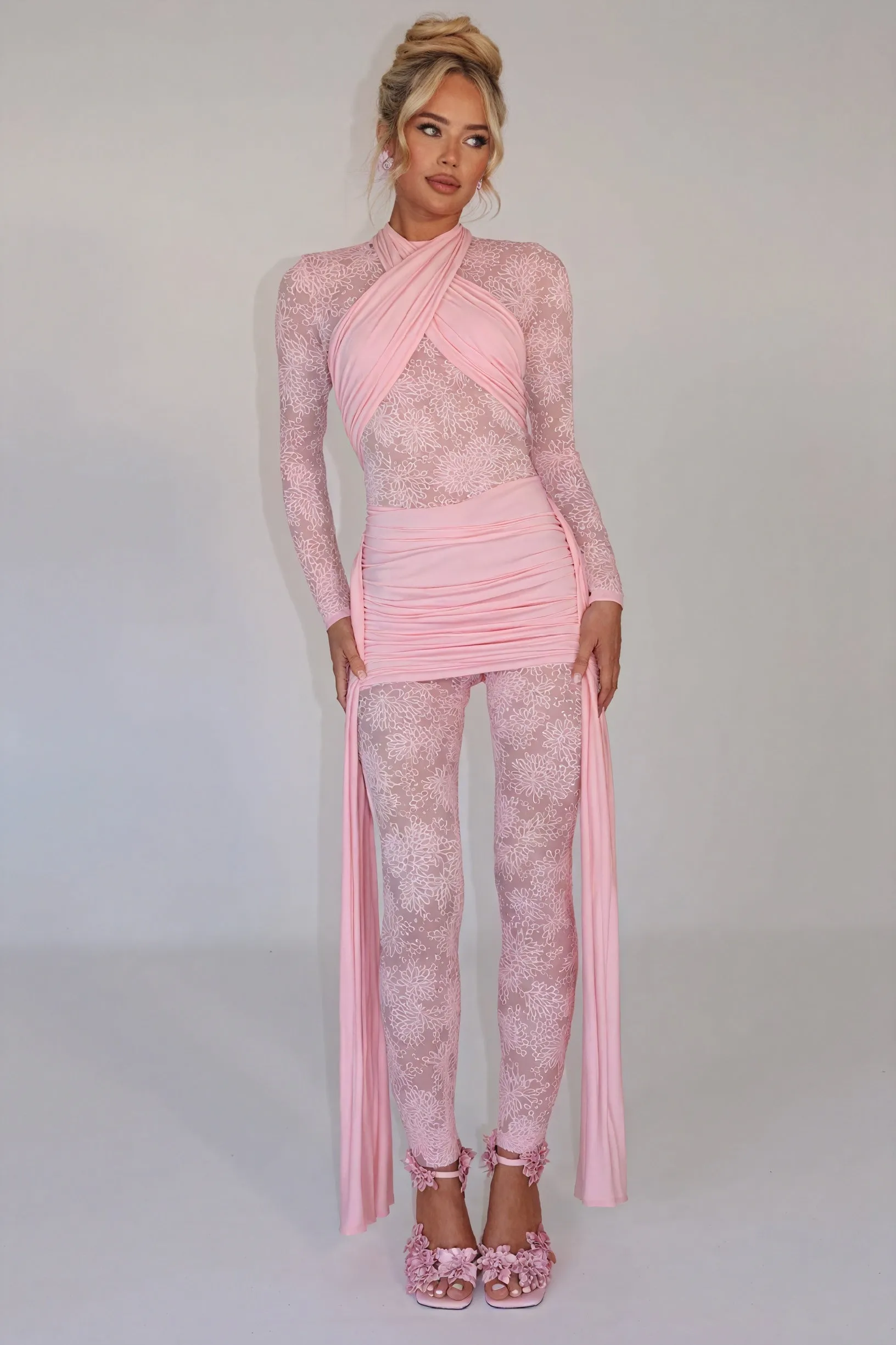 Sheer Lace Bodice Dress with Flowing Panels
