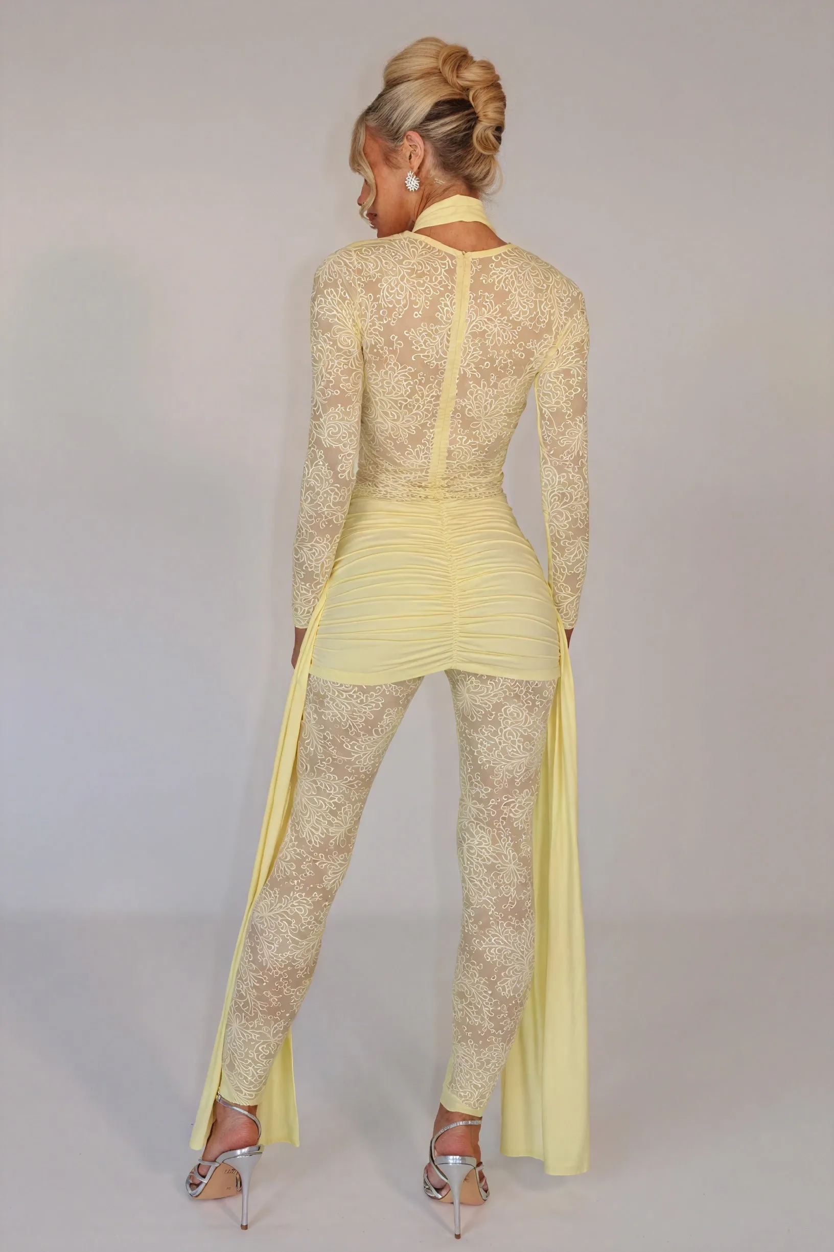 Sheer Lace Bodice Dress with Flowing Panels