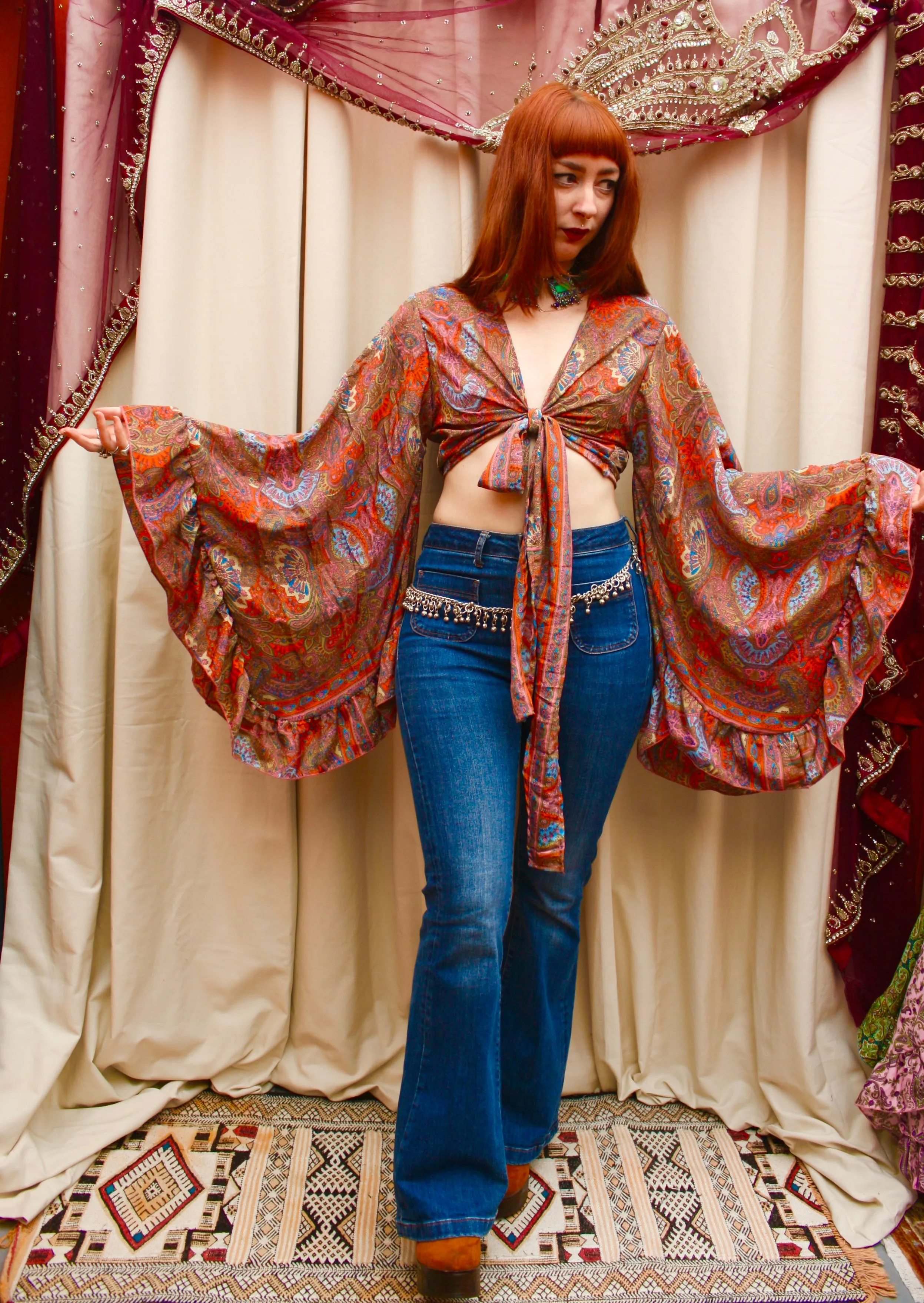 Silk Flared Sleeve Butterfly Blouse