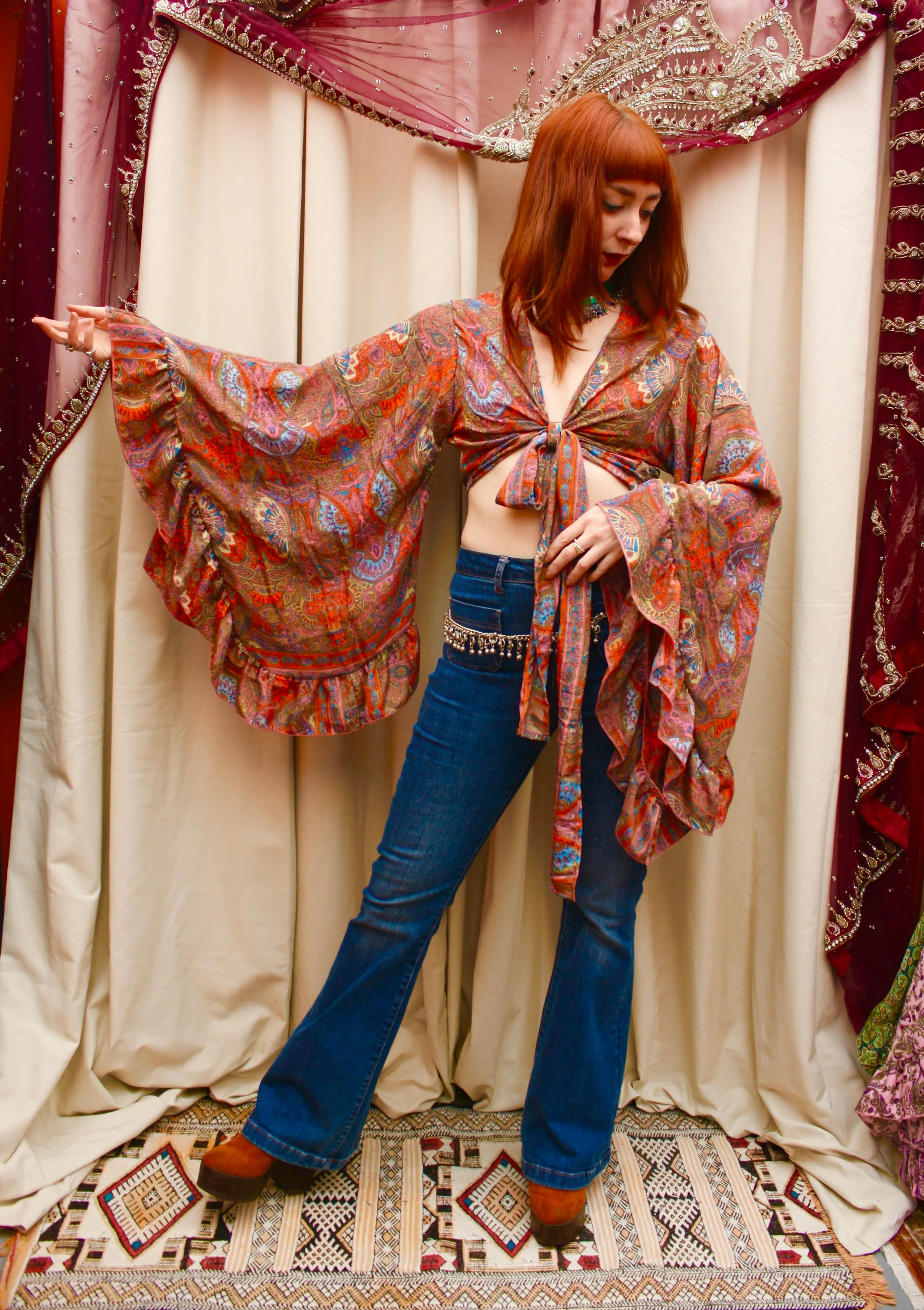 Silk Flared Sleeve Butterfly Blouse