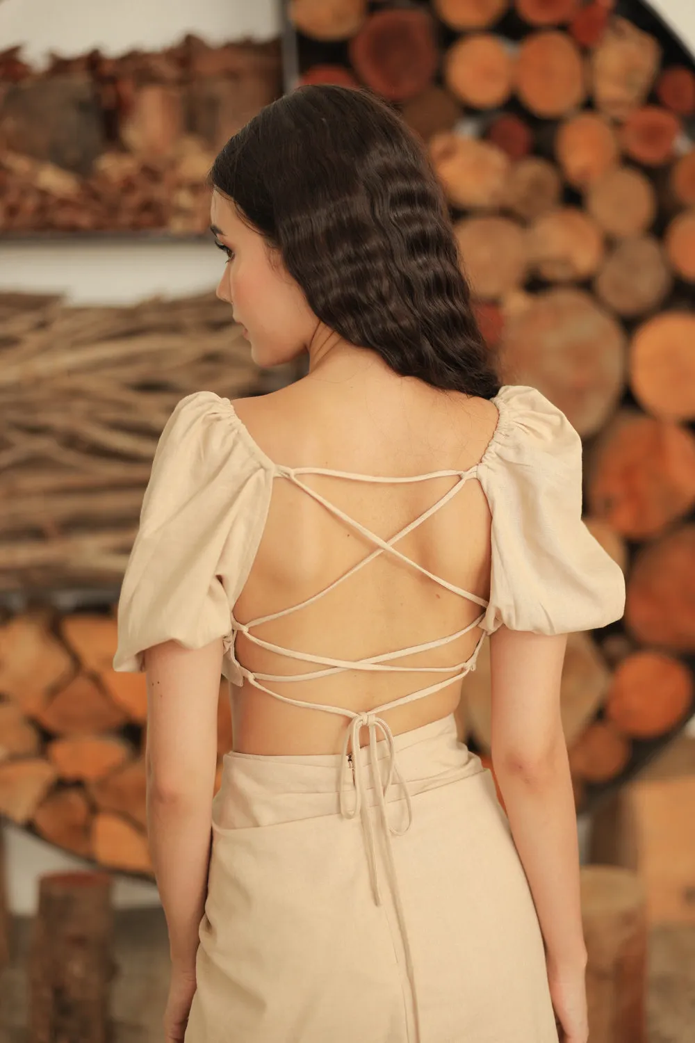 SIMONE SET Puffy Sleeve Crop Top with Wrap Design Skirt (Nude Linen)