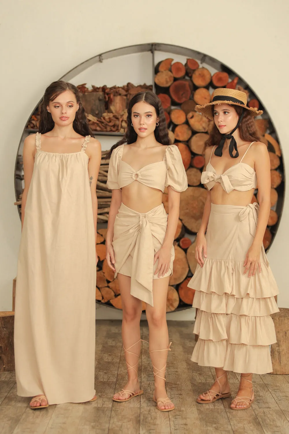 SIMONE SET Puffy Sleeve Crop Top with Wrap Design Skirt (Nude Linen)