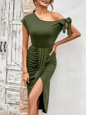 Slant Neck Midi Dress with Bow Shoulder and Waist Slit