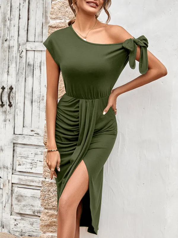 Slant Neck Midi Dress with Bow Shoulder and Waist Slit