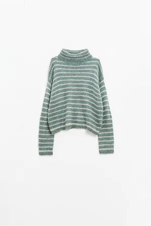 soft knit striped turtleneck sweater in green
