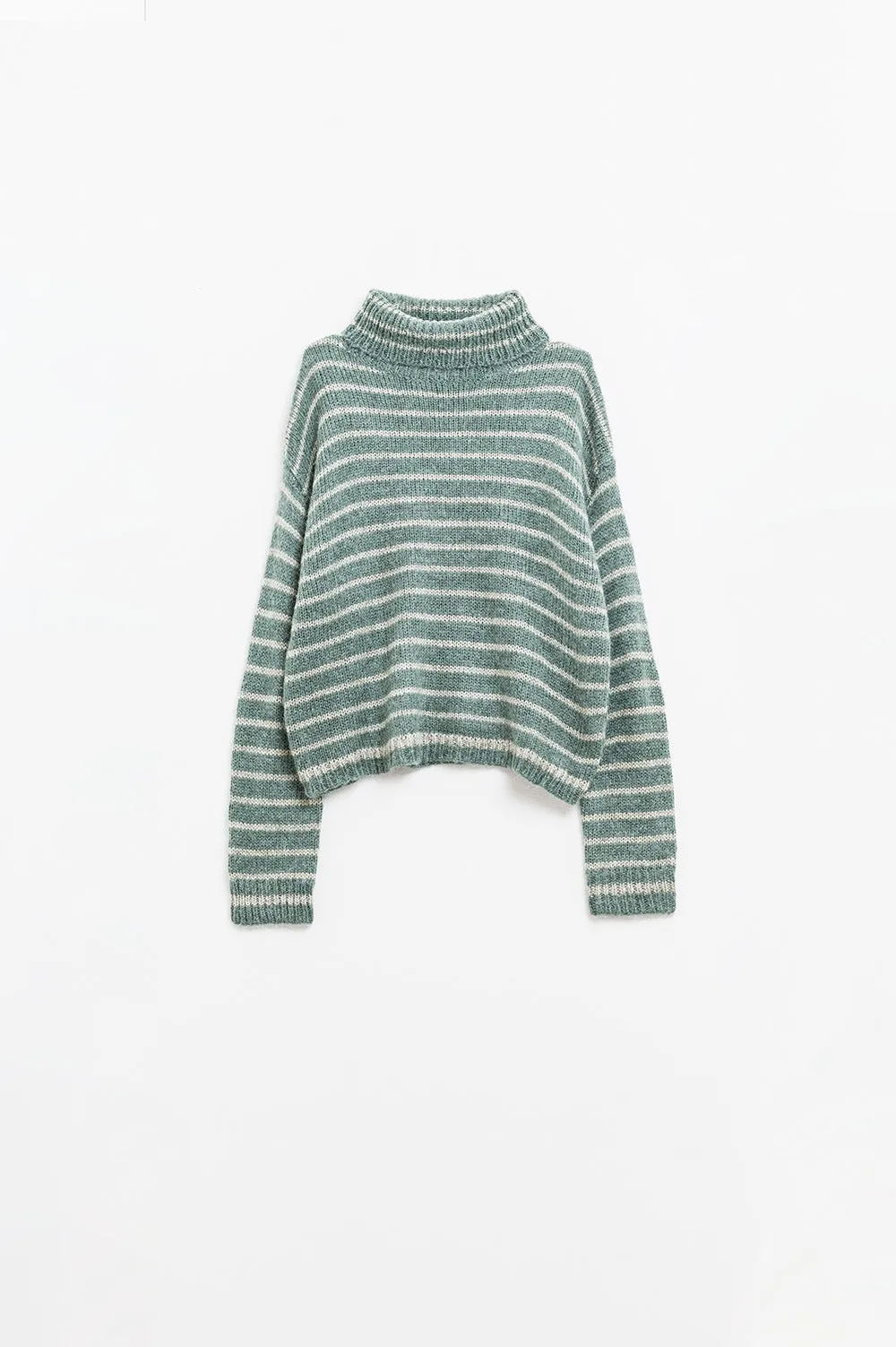 soft knit striped turtleneck sweater in green