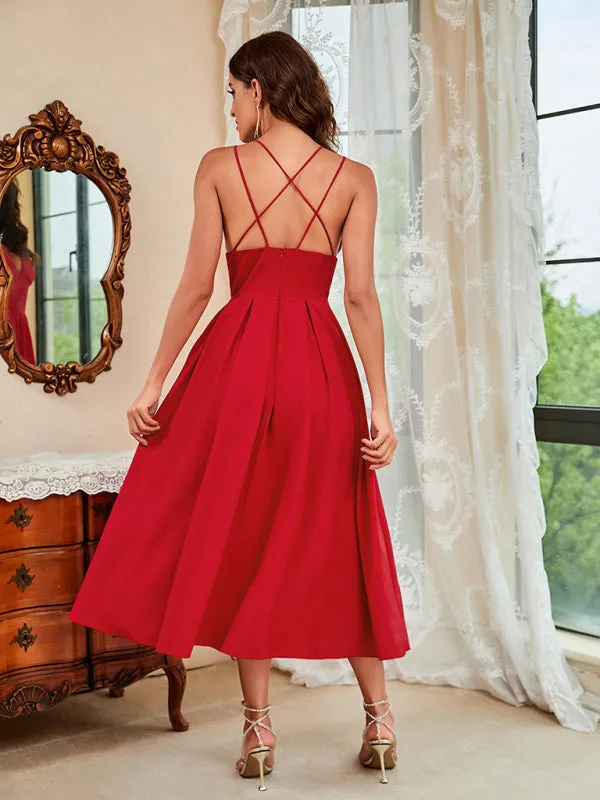 Spaghetti Strap Midi Swing Dress with Deep V-Neck