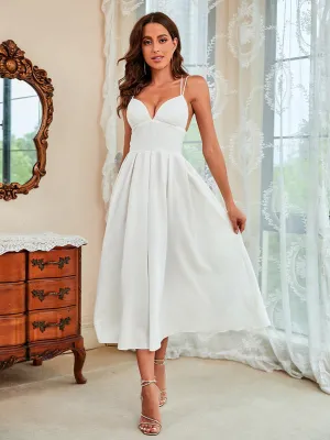 Spaghetti Strap Midi Swing Dress with Deep V-Neck