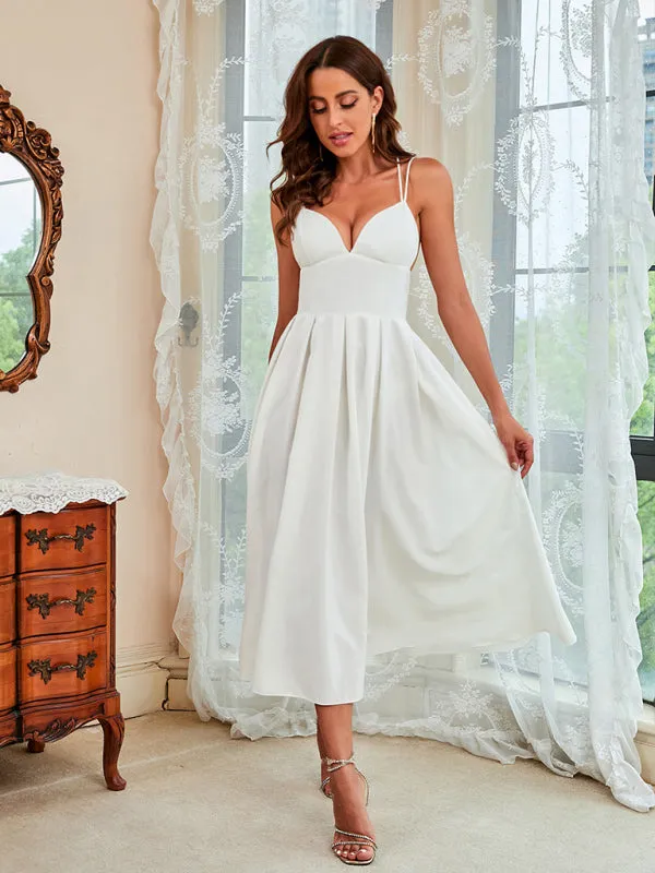 Spaghetti Strap Midi Swing Dress with Deep V-Neck