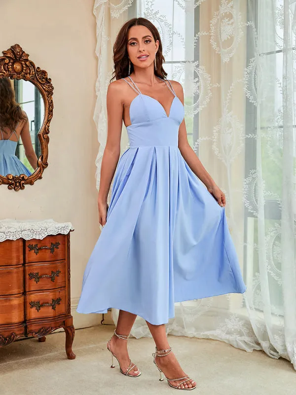 Spaghetti Strap Midi Swing Dress with Deep V-Neck
