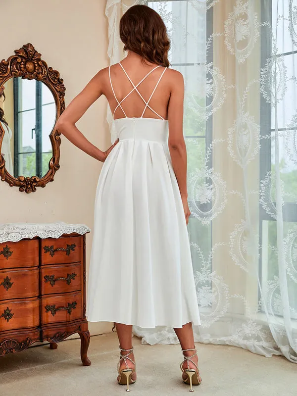 Spaghetti Strap Midi Swing Dress with Deep V-Neck