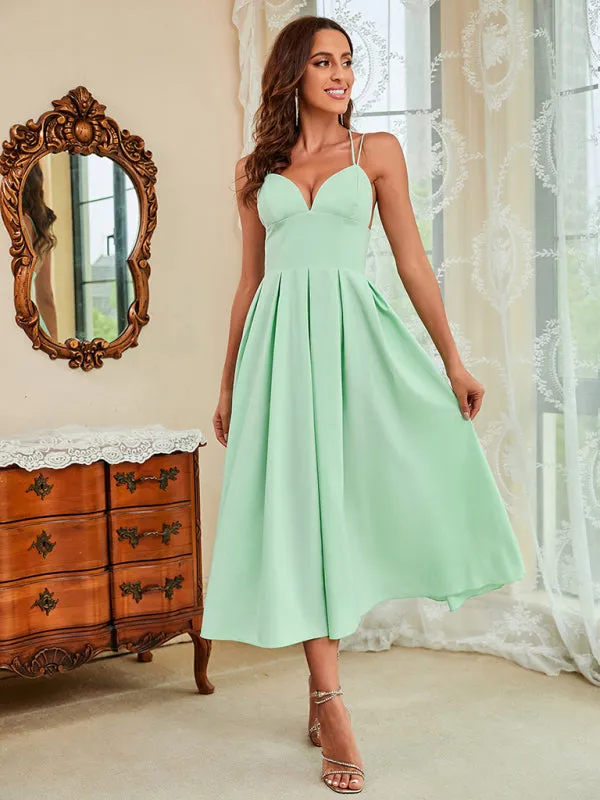 Spaghetti Strap Midi Swing Dress with Deep V-Neck
