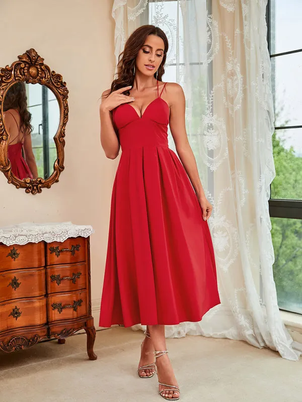 Spaghetti Strap Midi Swing Dress with Deep V-Neck