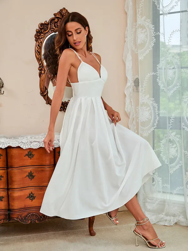 Spaghetti Strap Midi Swing Dress with Deep V-Neck