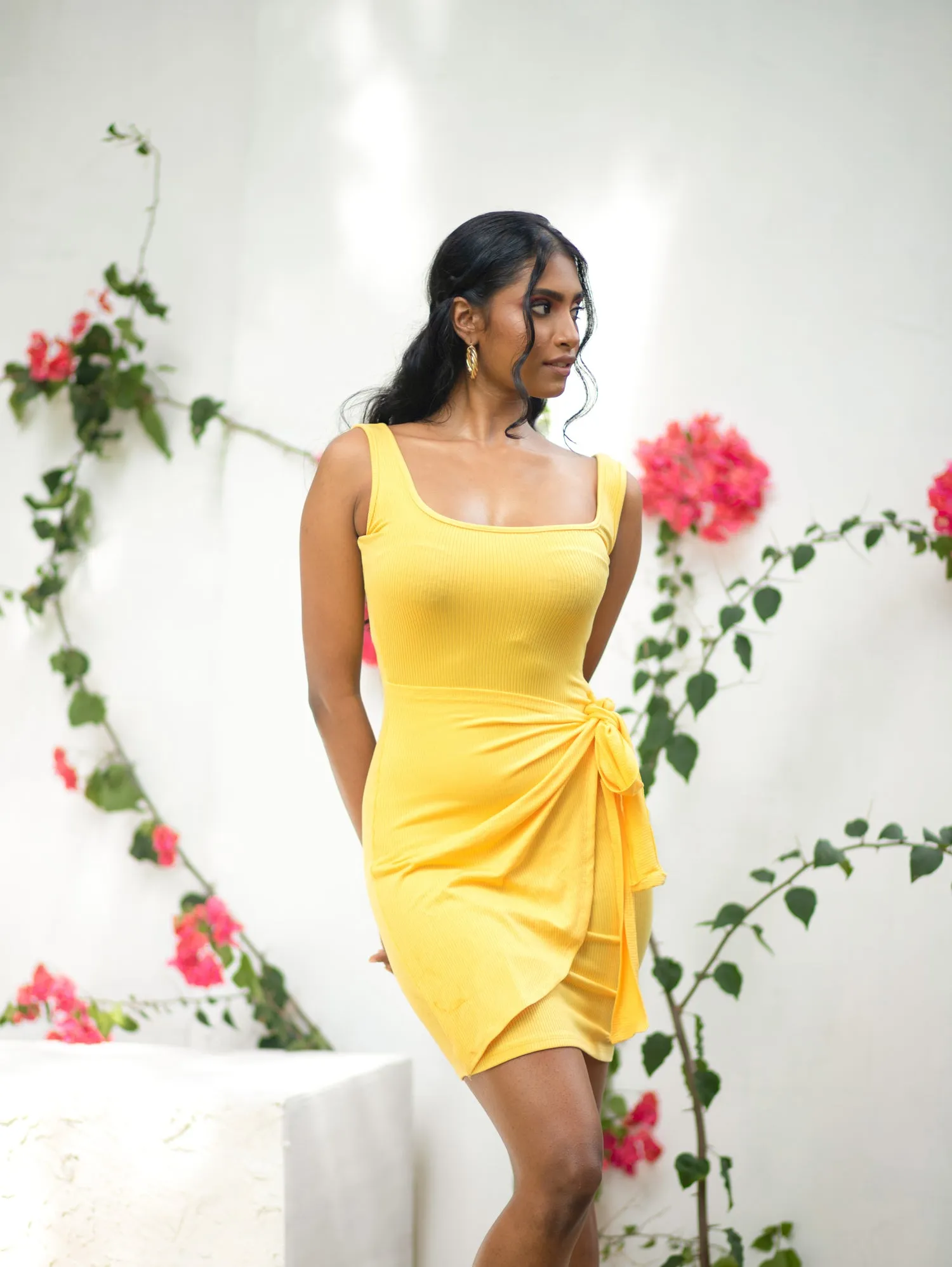 Squre Neck Mock Wrap Mini Dress