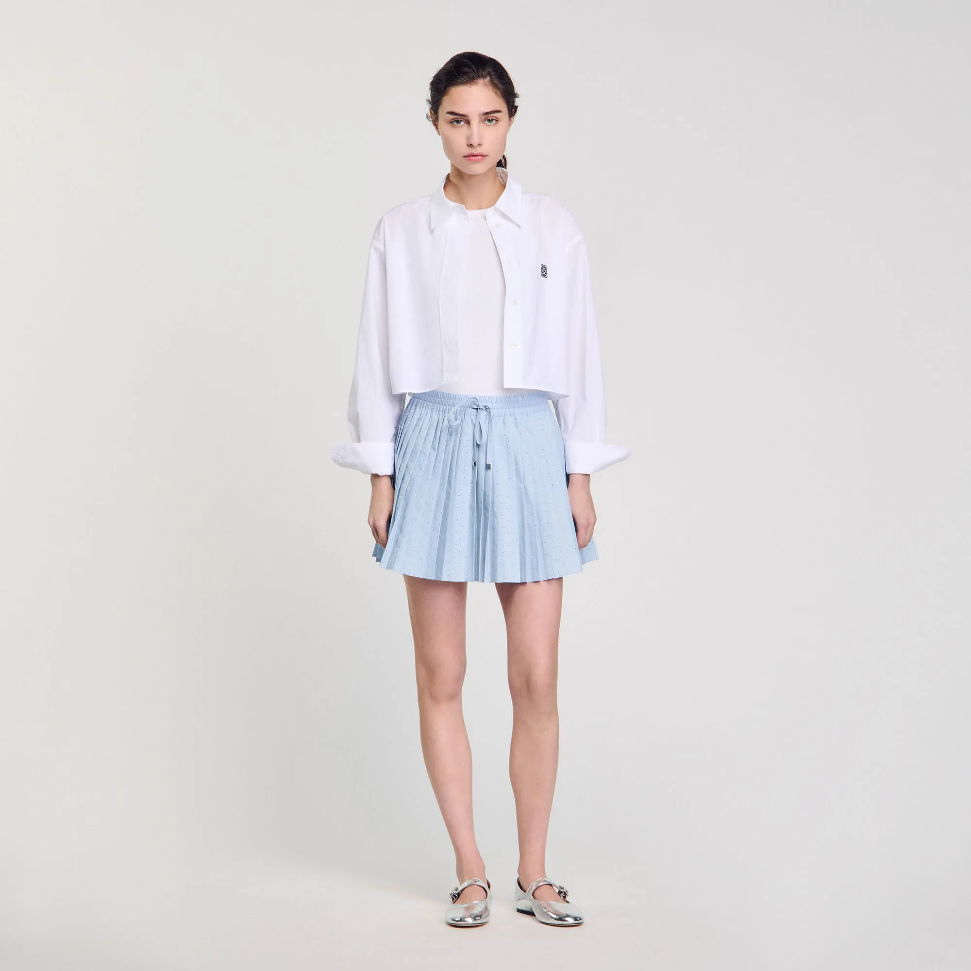 Stellie Short Pleated Rhinestone Skirt Sky Blue