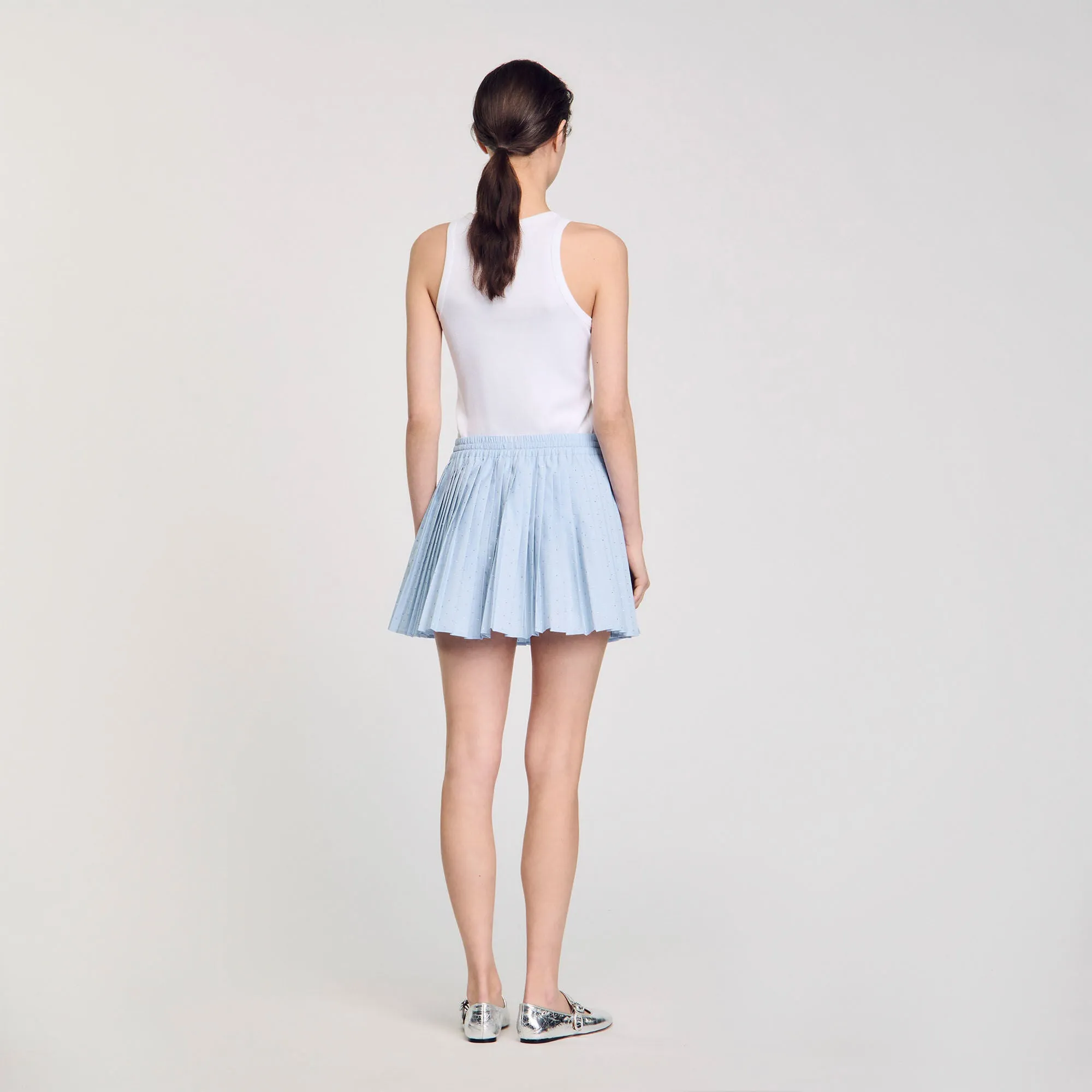 Stellie Short Pleated Rhinestone Skirt Sky Blue