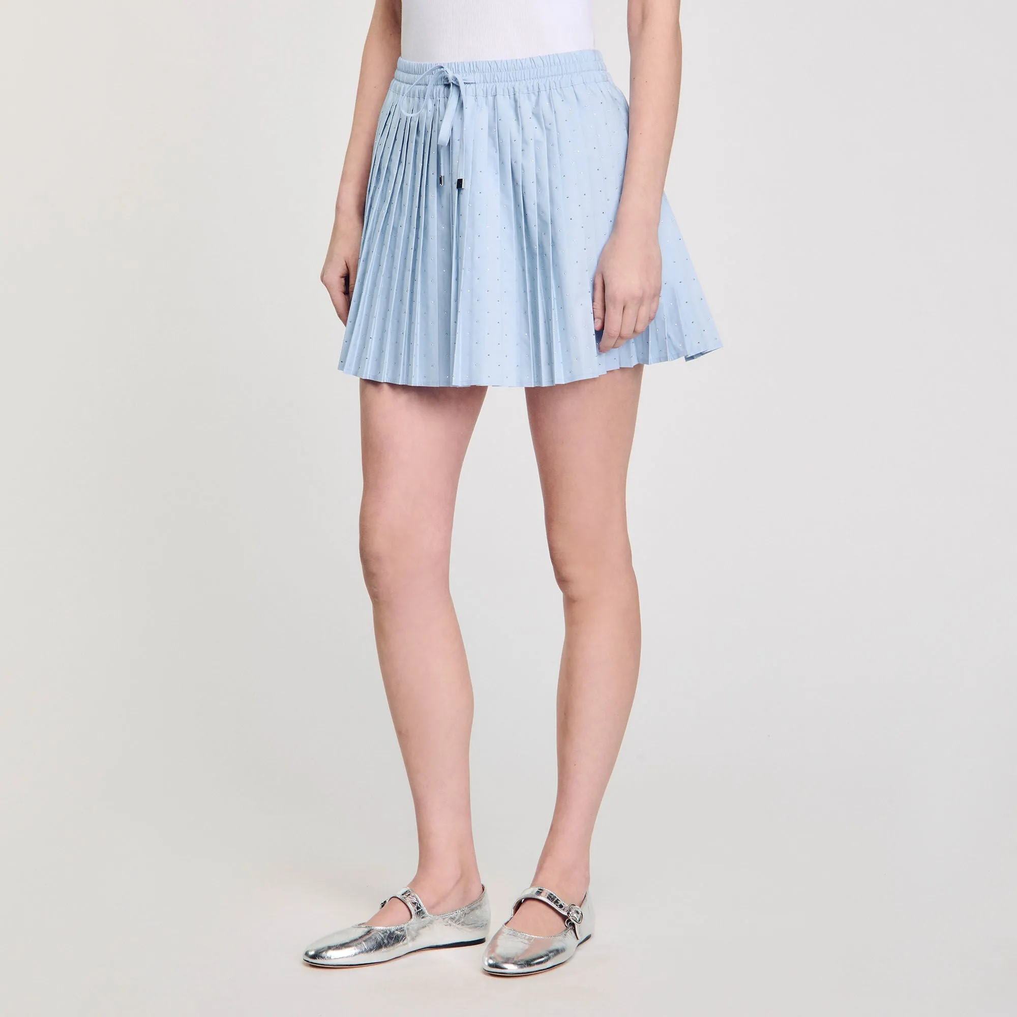 Stellie Short Pleated Rhinestone Skirt Sky Blue
