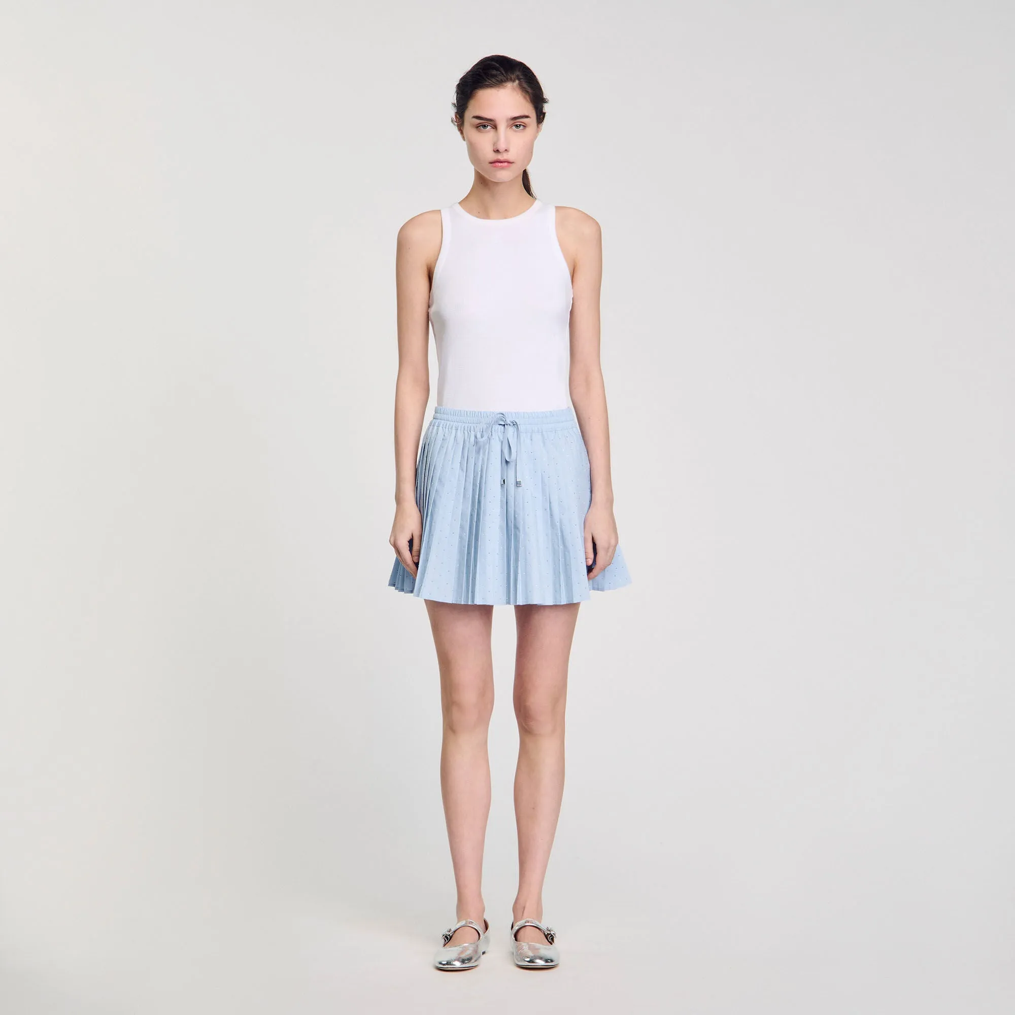 Stellie Short Pleated Rhinestone Skirt Sky Blue