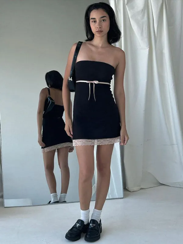 Strapless Mini Dress with Lace Trim and Wrap-Up Design