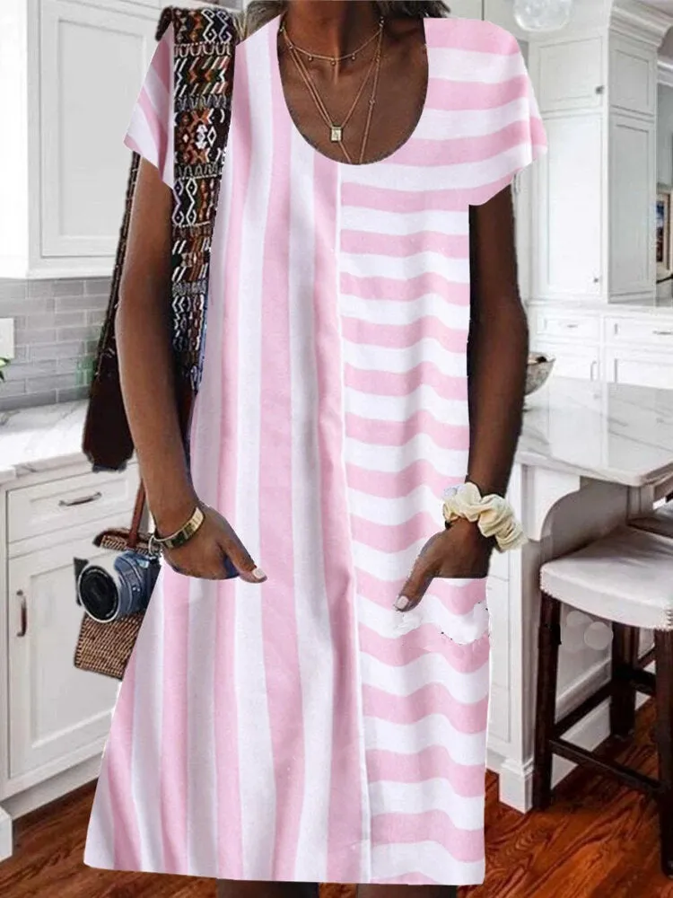 Stripe Patchwork Scoop Neck Short Sleeve Loose Women Midi Dress