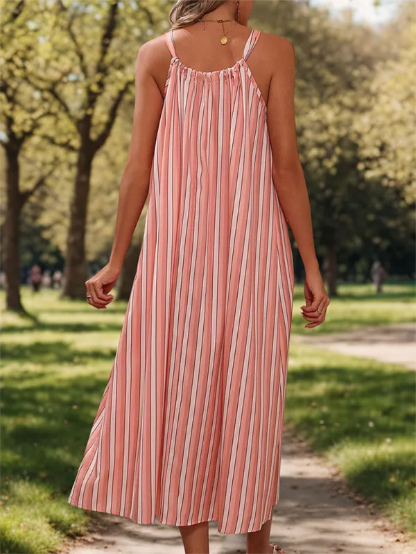 Striped Midi Dress with Bow Tie Neckline and Side Slit