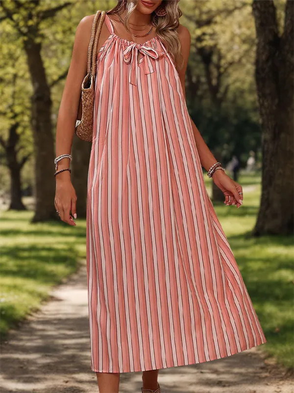 Striped Midi Dress with Bow Tie Neckline and Side Slit