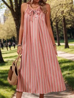 Striped Midi Dress with Bow Tie Neckline and Side Slit