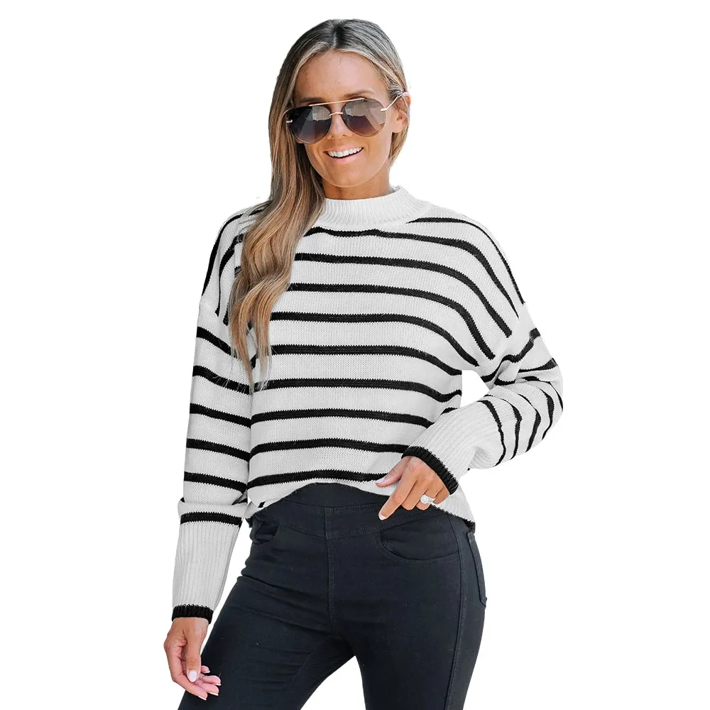 Striped Turtleneck Drop Sleeve Sweater