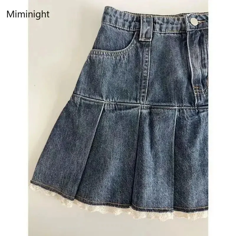 Sweet Lace Patchwork Y2k Pleated Mini Skirts
