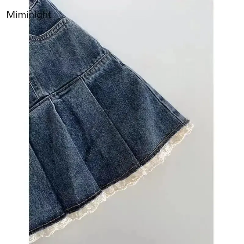 Sweet Lace Patchwork Y2k Pleated Mini Skirts