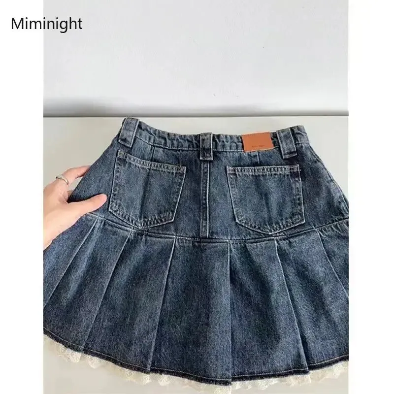 Sweet Lace Patchwork Y2k Pleated Mini Skirts