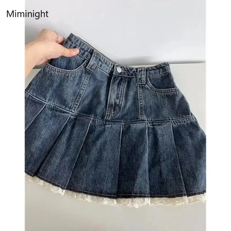 Sweet Lace Patchwork Y2k Pleated Mini Skirts