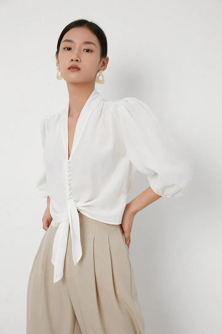 Tencel Blend Button Blouse in White