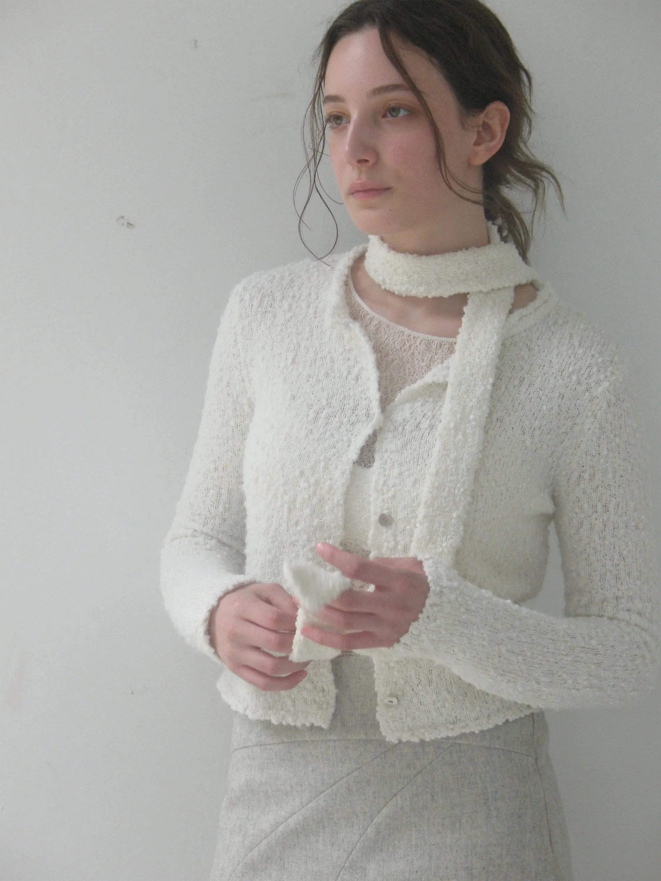 Textured Knit Cardigan with Scarf