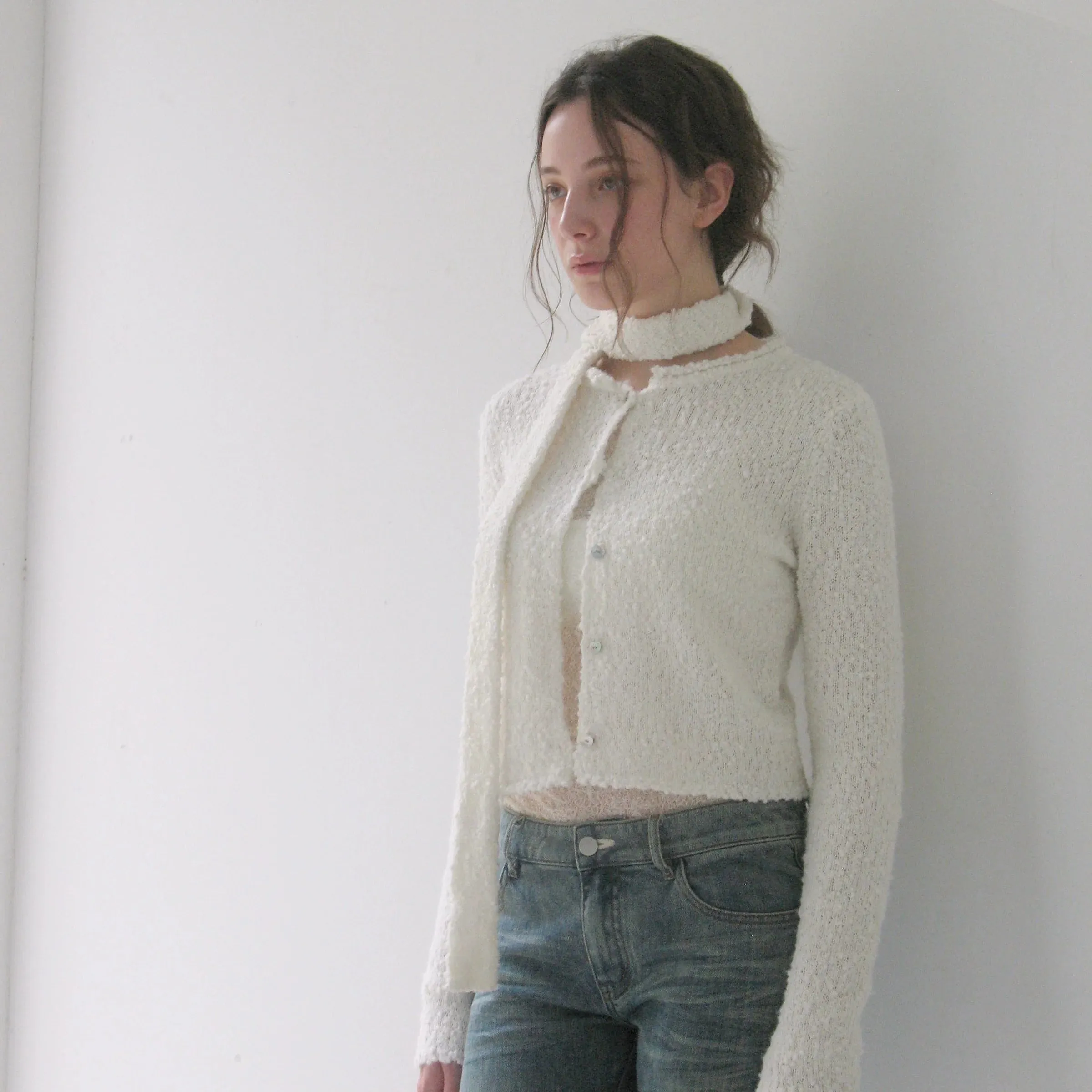 Textured Knit Cardigan with Scarf
