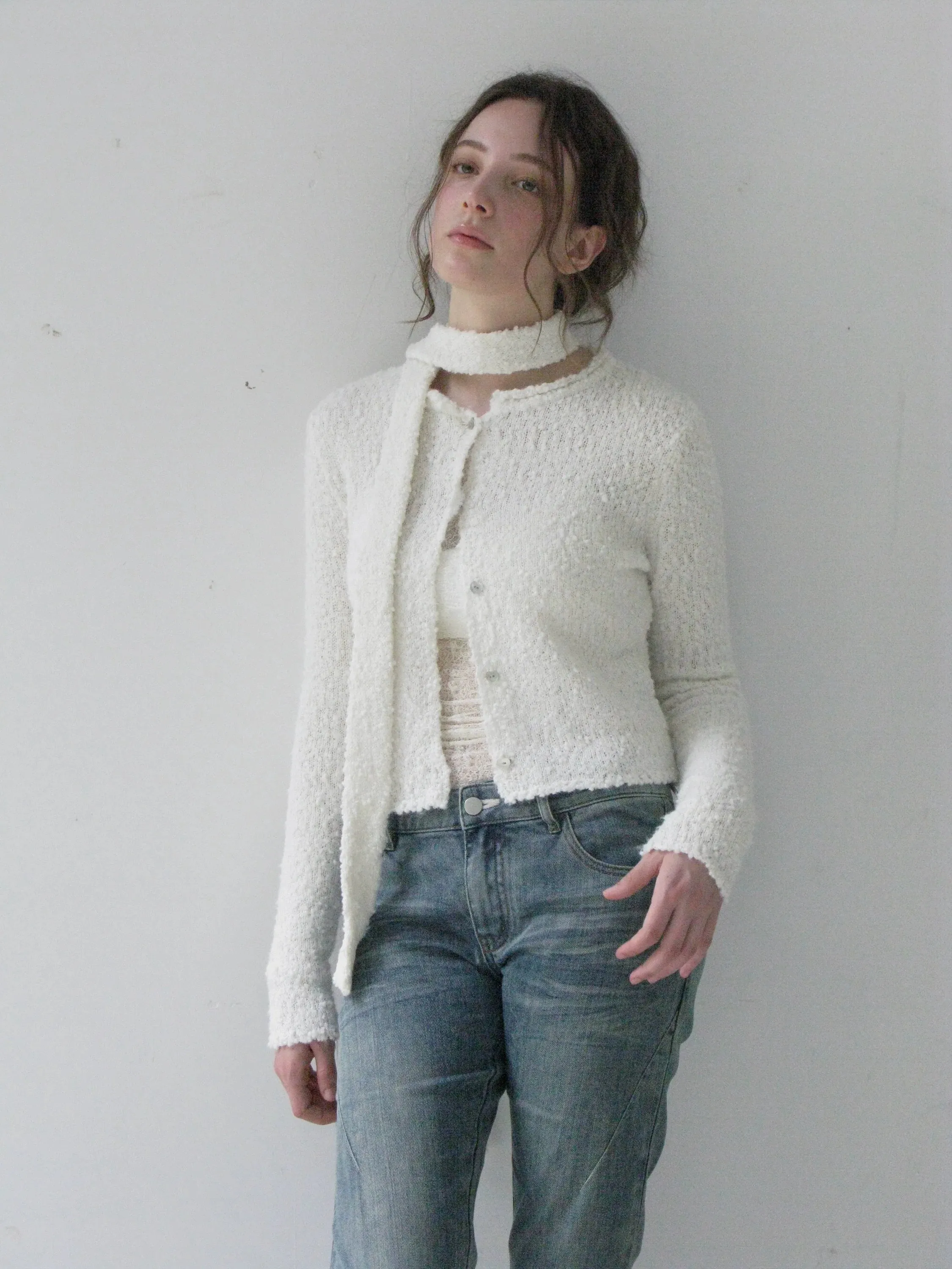 Textured Knit Cardigan with Scarf