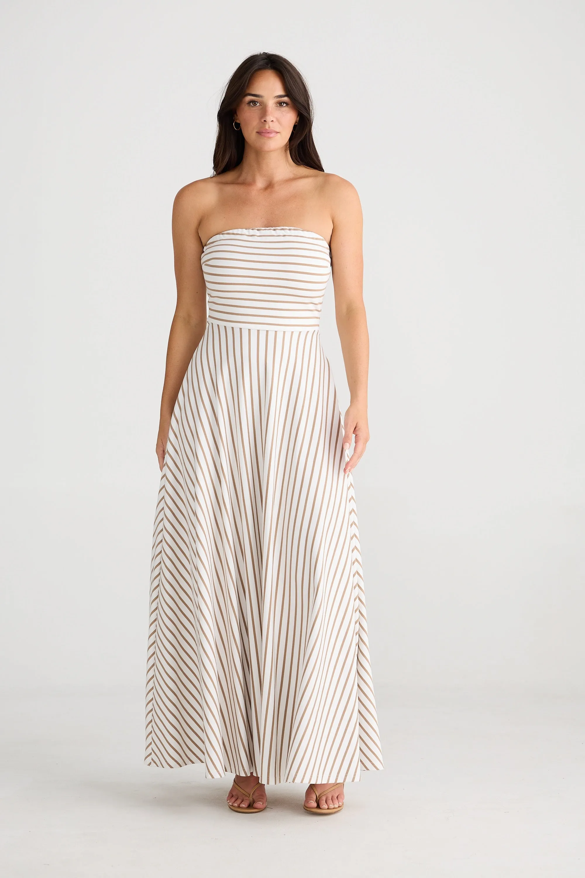 Thandie Strapless Dress in Latte Stripe