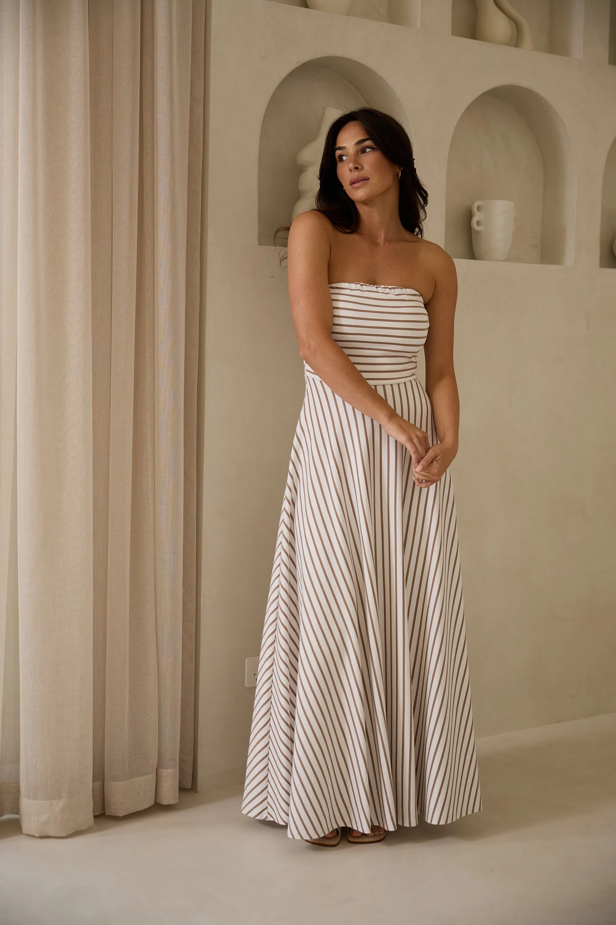 Thandie Strapless Dress in Latte Stripe