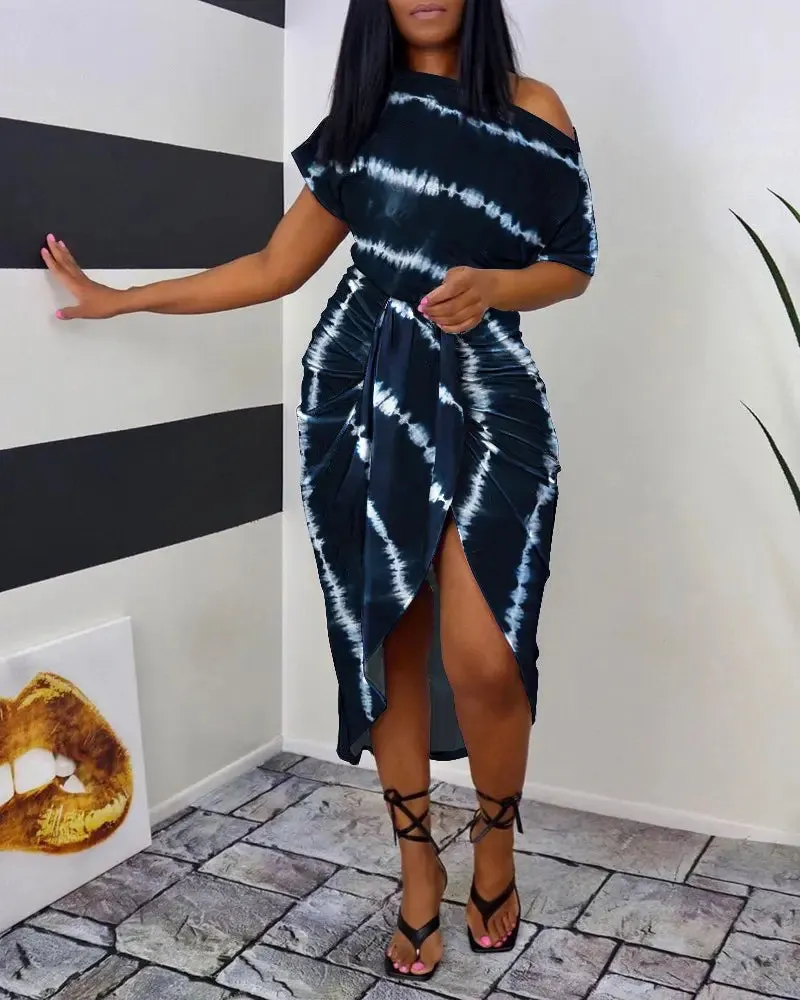 Tie Dye Print Ruched Slit Casual Dress - Navy Blue