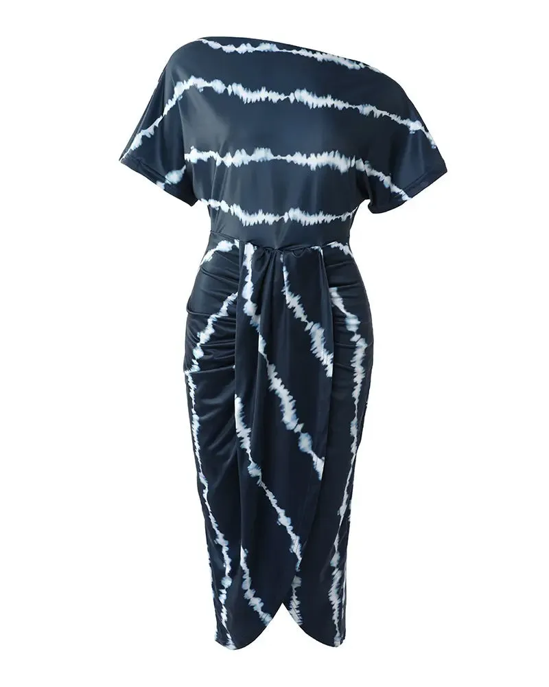 Tie Dye Print Ruched Slit Casual Dress - Navy Blue
