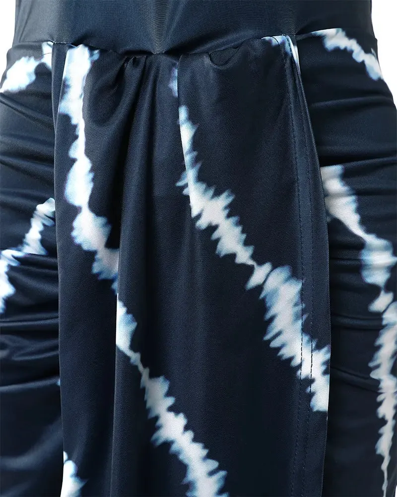 Tie Dye Print Ruched Slit Casual Dress - Navy Blue