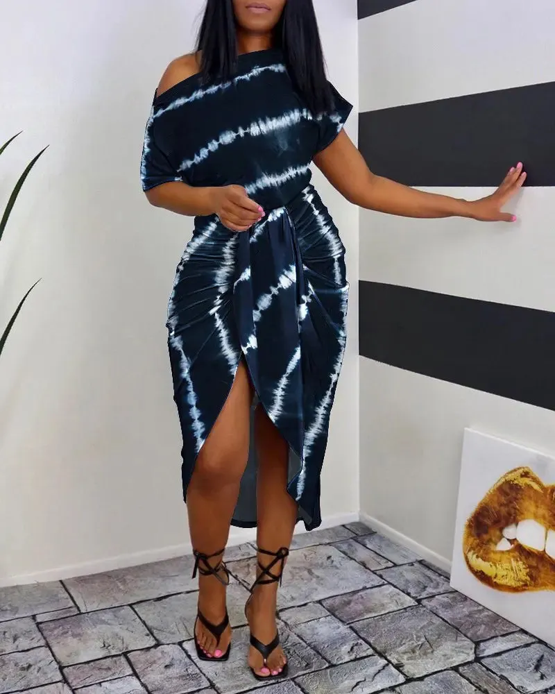 Tie Dye Print Ruched Slit Casual Dress - Navy Blue