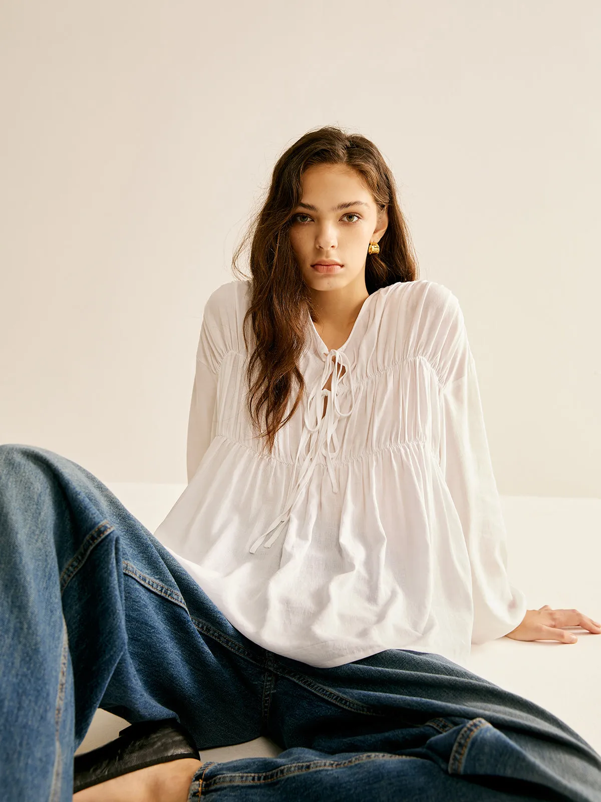 Tie-Front Pleated Blouse