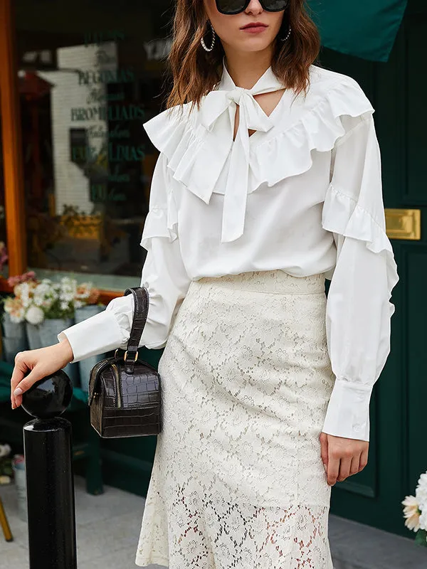 Tie Neck Flounce Trim Blouse